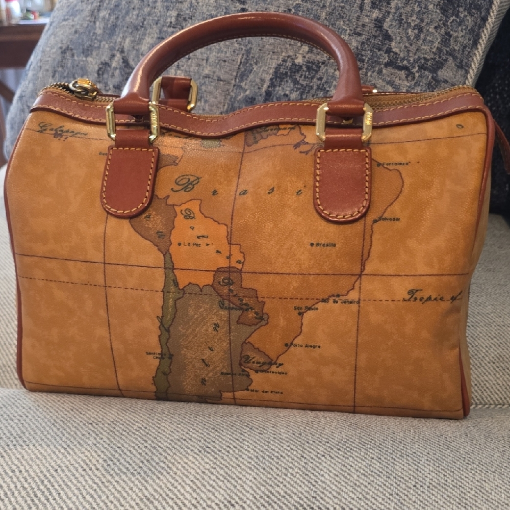 Alviero Martini Leather Map-Print Satchel Bag - Brown